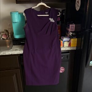 SLNY Purple Midi Dress with Brooch